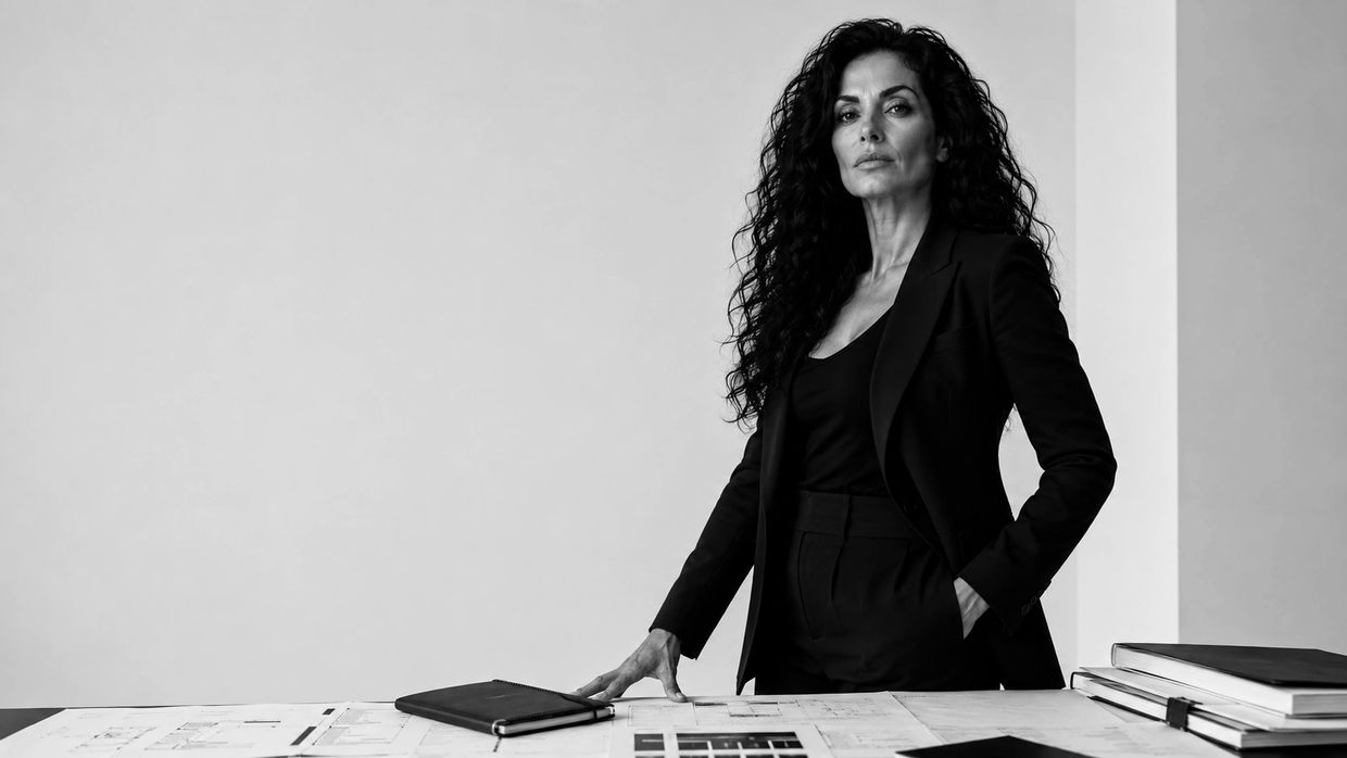 Black-and-white editorial portrait of M., founder of Worn In Worn Out (WIWO), standing beside a work