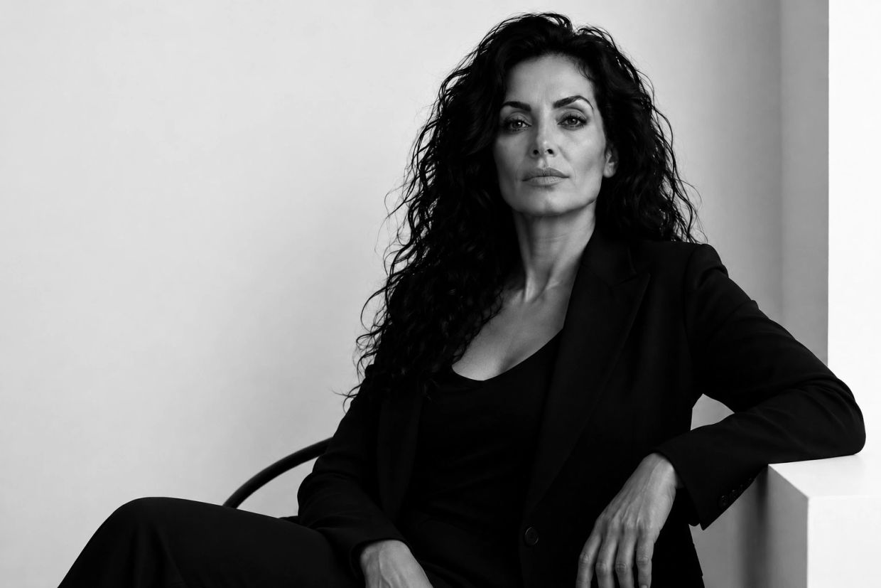 Confident woman with curly hair in black attire.