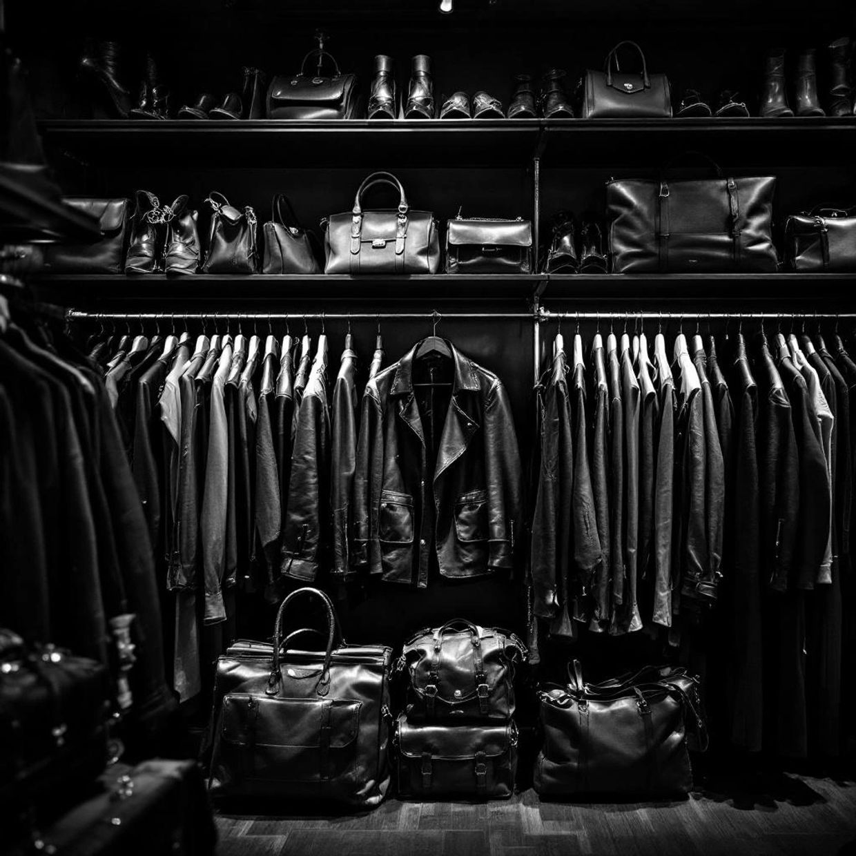 Black-and-white vintage fashion archive with leather jackets, handbags, shoes, and accessories displ