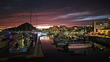 Boats docked at a marina during a vibrant sunset with city lights glowing.