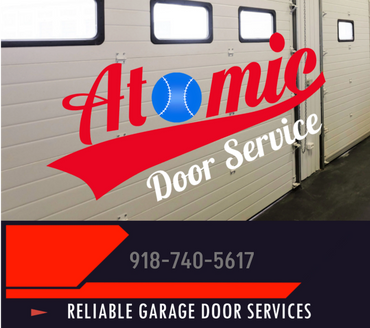Logo for Atomic Door Service with phone number and garage door background.