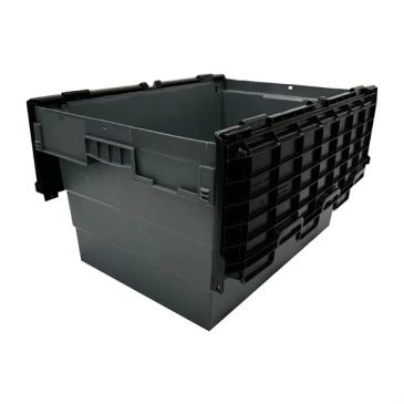 Large black plastic storage crate with foldable sides.