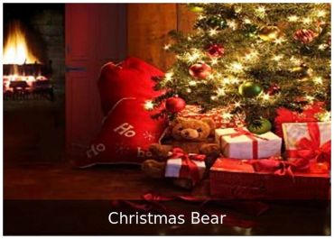 Christmas Bear — Christmas backdrop with tree, gifts, and bear.