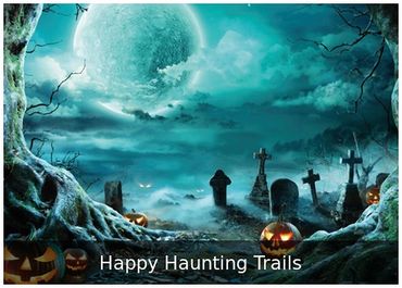 Happy Haunting Trails — Halloween graveyard backdrop for spooky events.