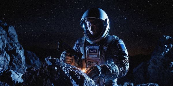 Astronaut working on a rocky surface under a starry sky.