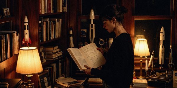 Woman studying rocket designs in a dimly lit library.