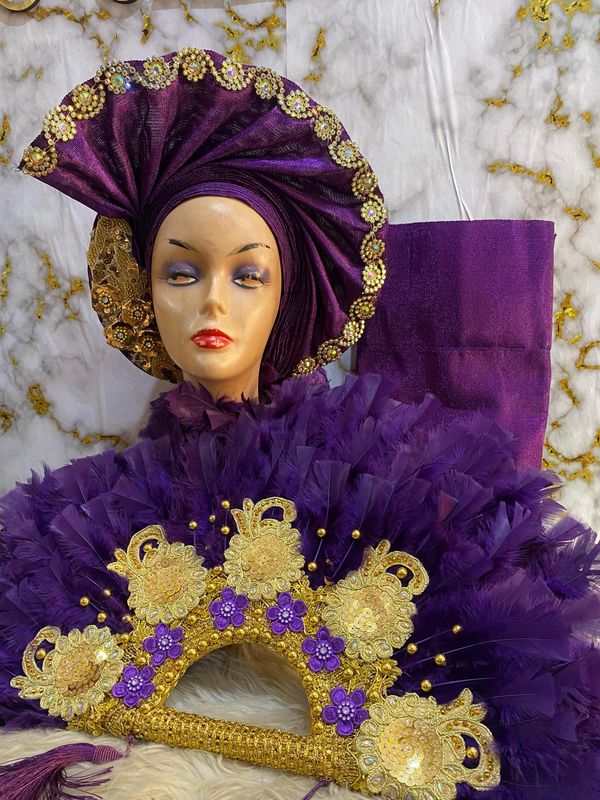complete aso oke auto gele with matching handfan