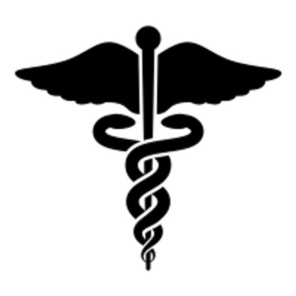 Black caduceus medical symbol with two snakes and wings.