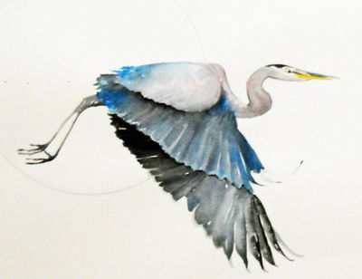 Sunshower Rose painting, Blue Heron