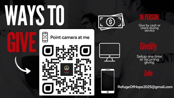 Ways to give donations using cash, Givelify, Zelle, and QR code.