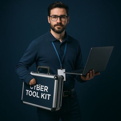 Man holding a cyber toolkit case and laptop, ready for cybersecurity tasks.