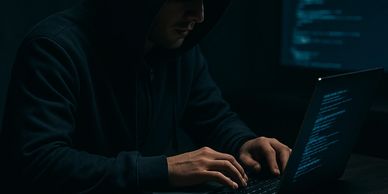 Person in a hoodie typing on a laptop in a dark room.