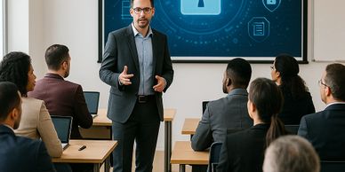 Businessman giving cybersecurity presentation to professionals in a classroom.