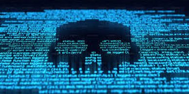 Digital skull made of blue code representing cybersecurity threats.