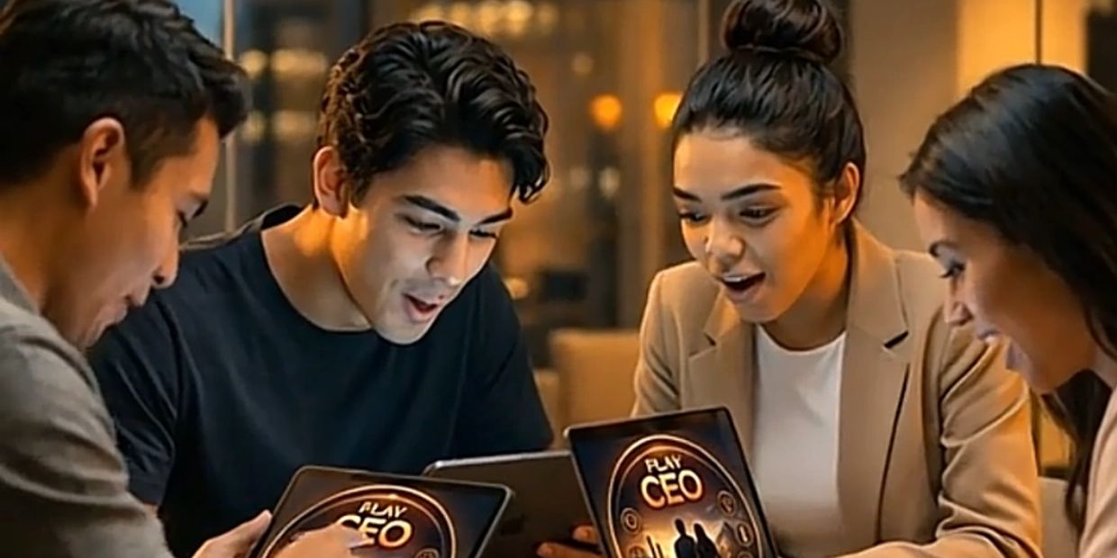 Four friends excitedly looking at tablets playing a game called Play CEO.