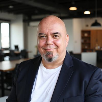 Smiling bald man with goatee in a modern office setting.