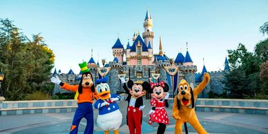 Disney characters are posing in front of the Disney castle.