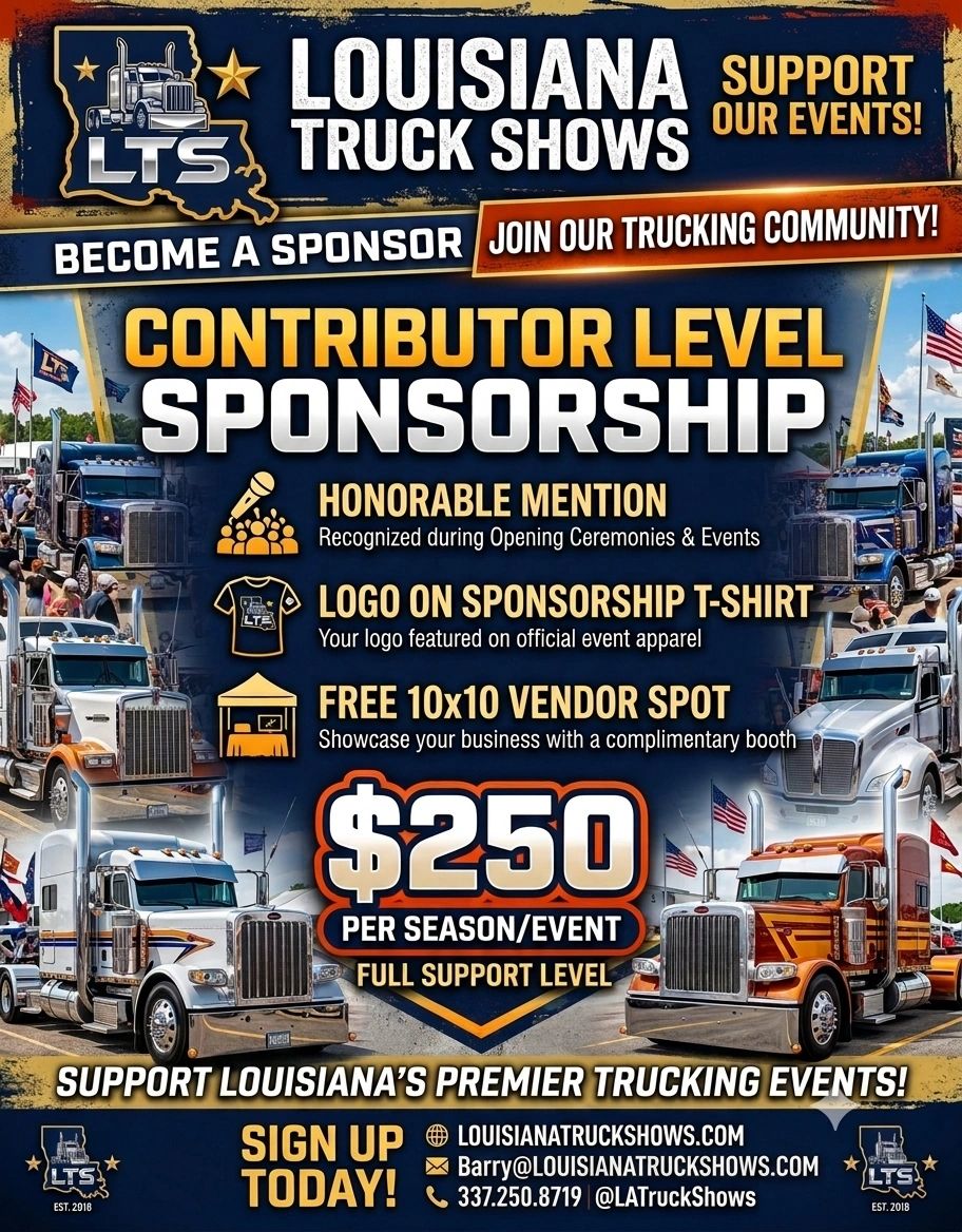 Advertisement for Louisiana Truck Shows contributor sponsorship at $250 per event.