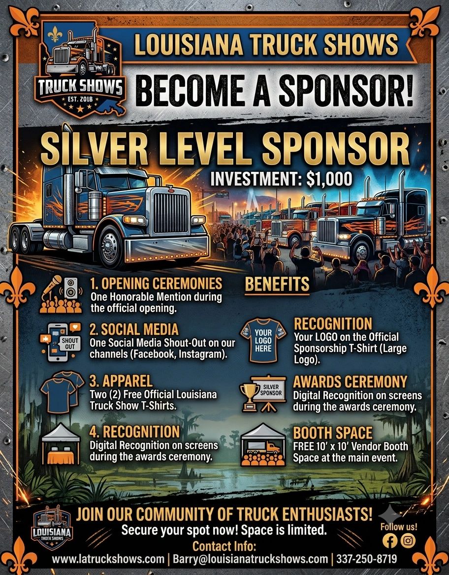 Louisiana Truck Shows Silver Level Sponsor benefits and investment details.