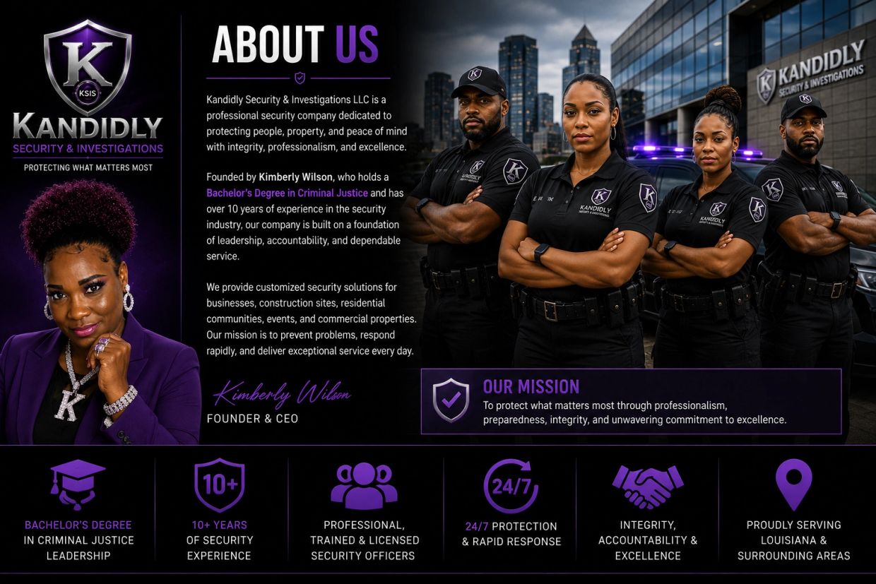 Kandidly Security & Investigations team with founder Kimberly Wilson and mission details.