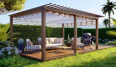 Modern wooden pergola with cozy outdoor seating and a barbecue grill in a lush garden.