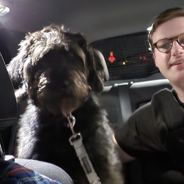 A man and a dog sitting in the backseat of a car at night.