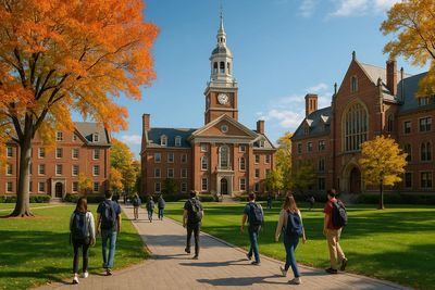 Students walking on a college campus with autumn foliage and historic buildings.