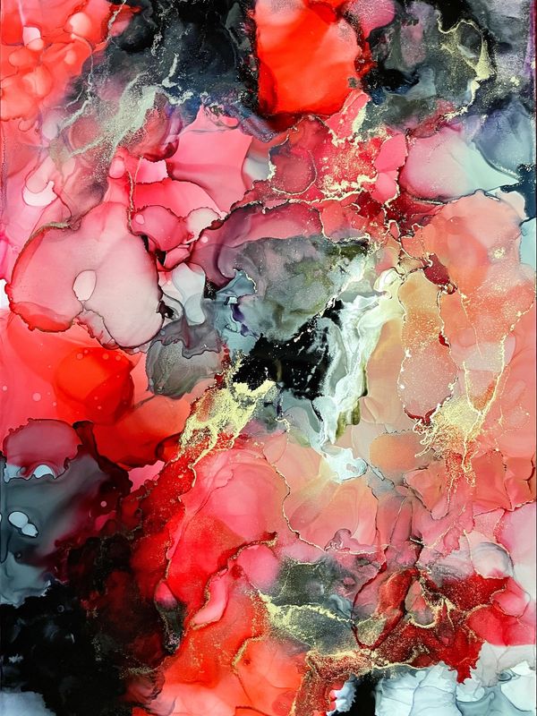 Red black and gold alcohol ink abstract art