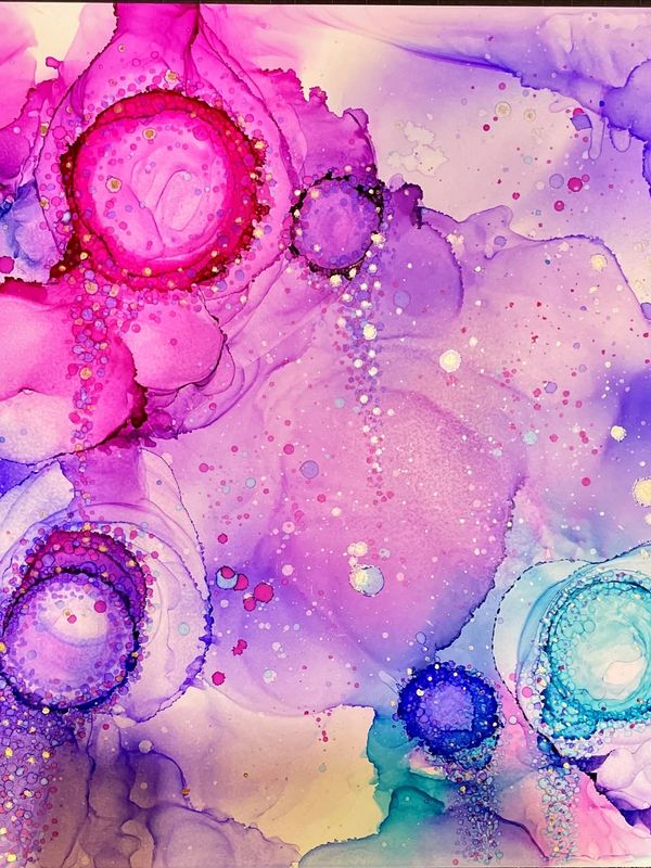 Pink, purple, teal and blue abstract art