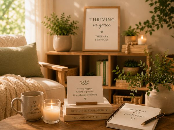 Cozy therapy space with inspirational messages, candle, and warm decor.