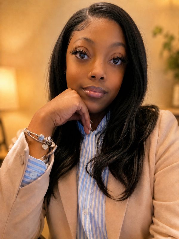 Thoughtful woman with long hair, wearing a blazer and striped shirt.