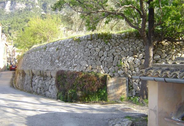 Stone retaining wall with plants in a rural setting.