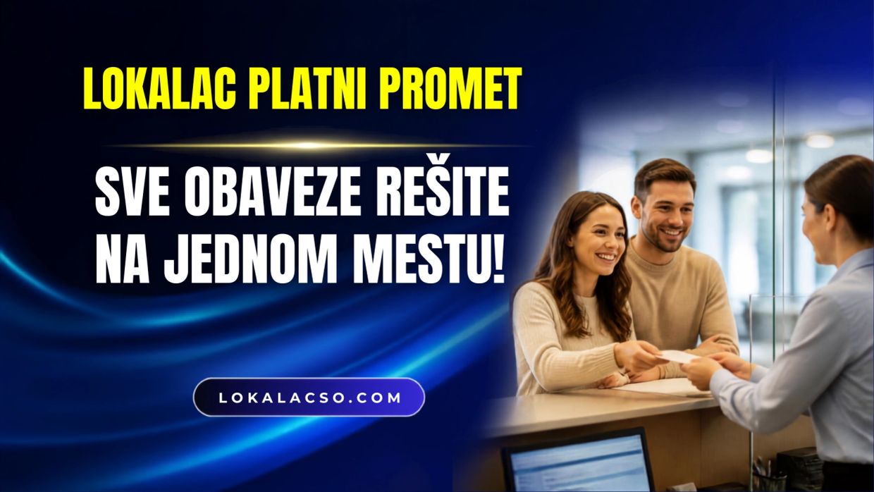 Ljudi stoje na salteru. Lokalac platni promet natpis