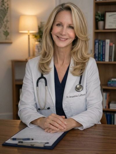 Smiling female doctor with stethoscope sitting at desk.