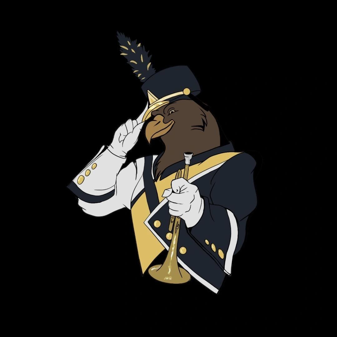 A bird mascot in a marching band uniform tipping its hat and holding a trumpet.