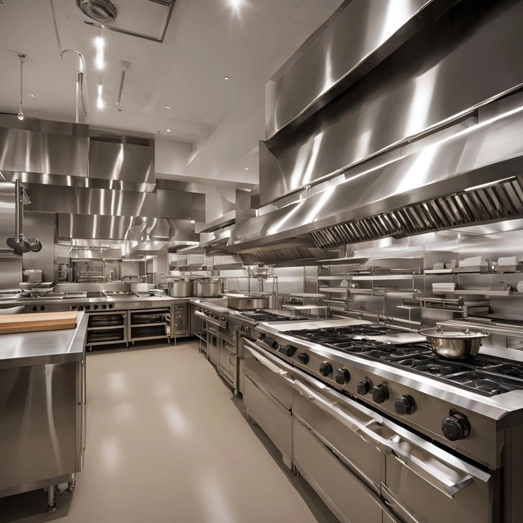A spacious, modern commercial kitchen with stainless steel appliances and cooking stations.