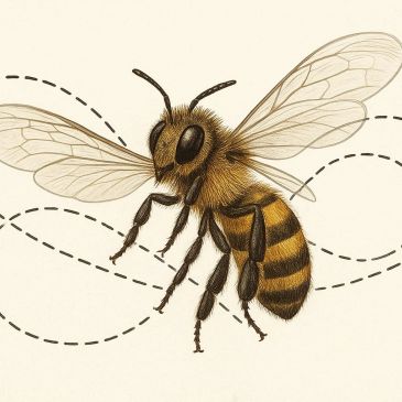 Detailed illustration of a bee in flight with dashed flight path lines.
