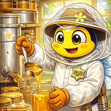 A cheerful bee in a beekeeper suit pouring honey into jars.