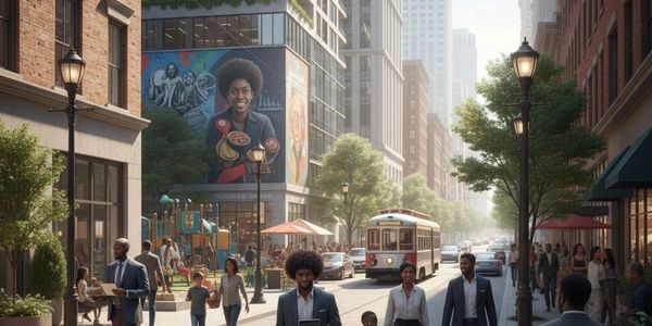 Busy city street with people walking and a mural on a building.