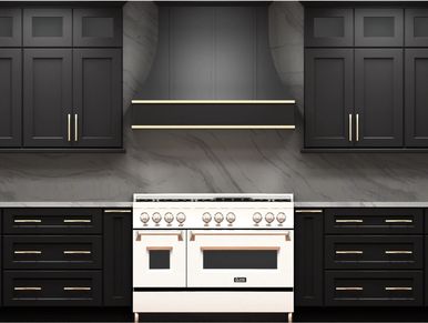 Realistic black and gold kitchen design rendering