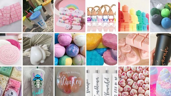 Collage of colorful bath products and accessories.