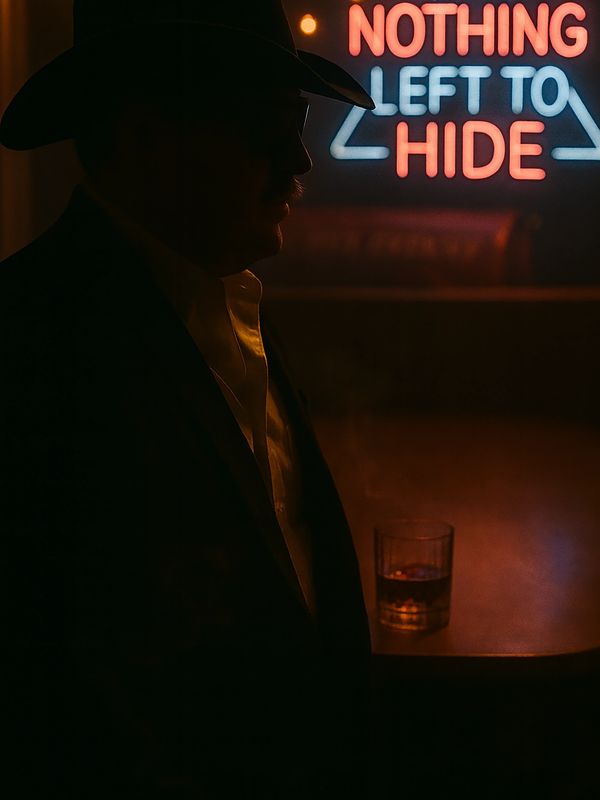 Silhouetted man in a cowboy hat near a neon sign reading 'Nothing Left to Hide'.