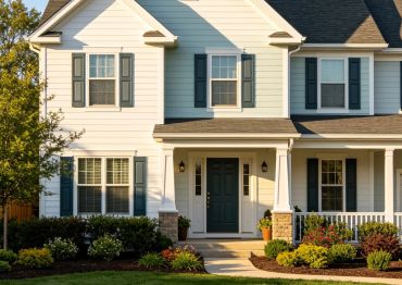 A beautiful two-story suburban house with a green front door and well-maintained garden.
