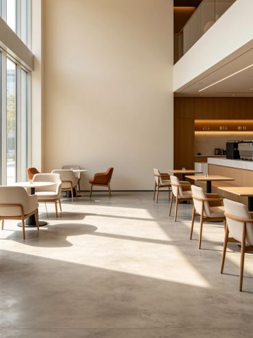 Minimalist cafe interior with natural light and cozy seating.