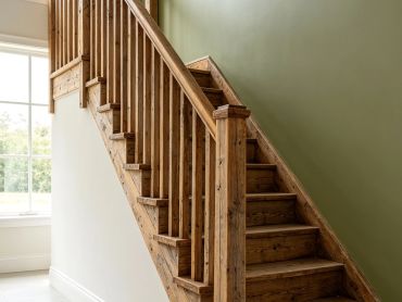 Rustic wooden staircase with green wall and natural light from window.