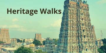 Ancient temple towers with intricate carvings under "Heritage Walks" title.