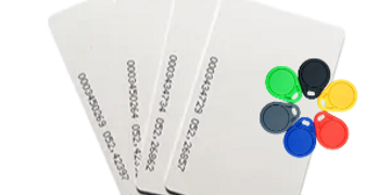 Set of white RFID key cards with colorful key fobs.