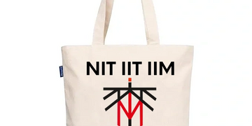 Beige tote bag with NIT IIT IIM logo and slogan.