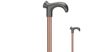 Two walking canes with brown shafts and black curved handles.