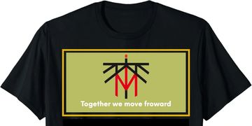 Black T-shirt with a geometric logo and the text "Together we move froward."